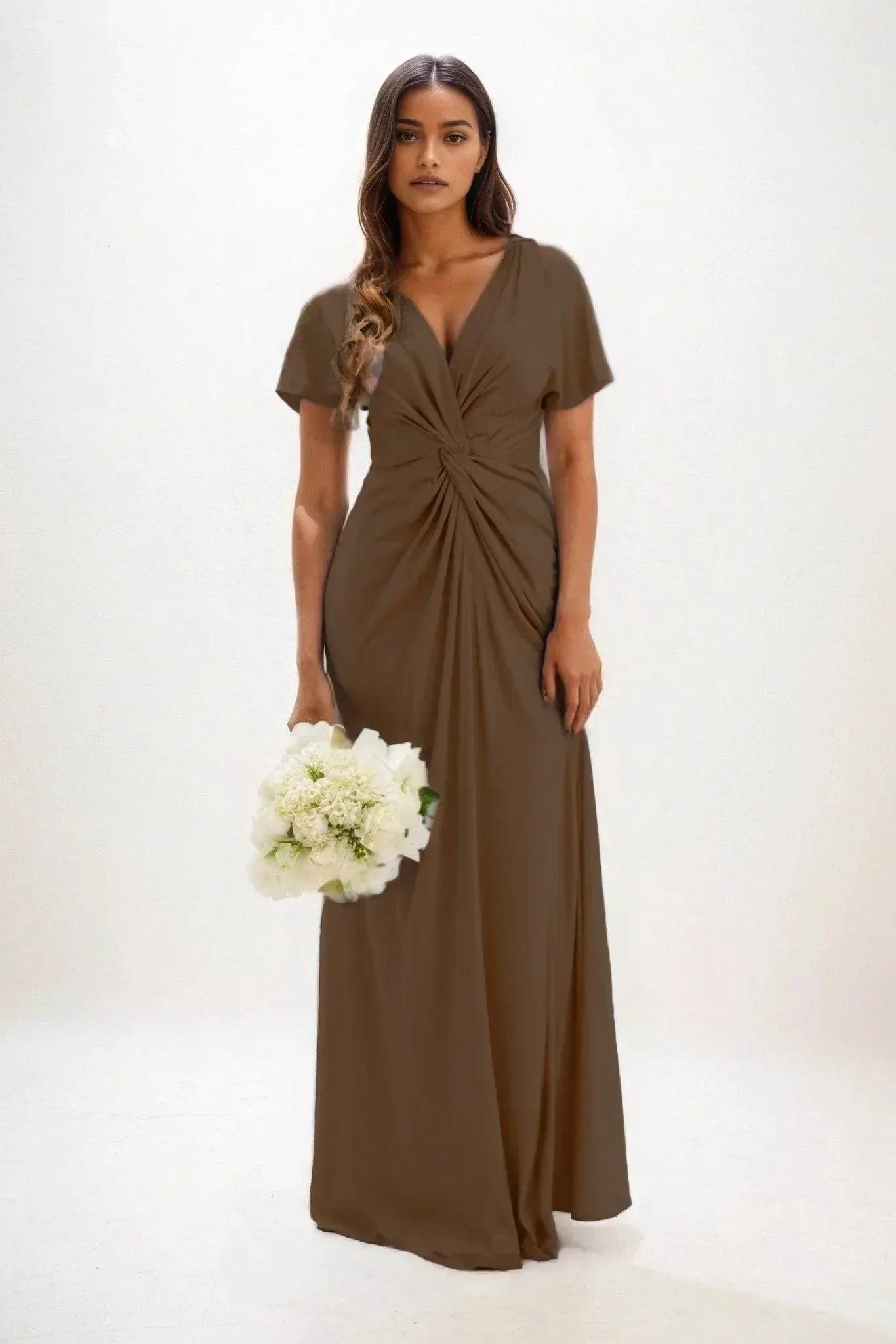 A-Line Maxi Luxe Satin Dress CB0838CS - Bitter Chocolate - COCOMELODY